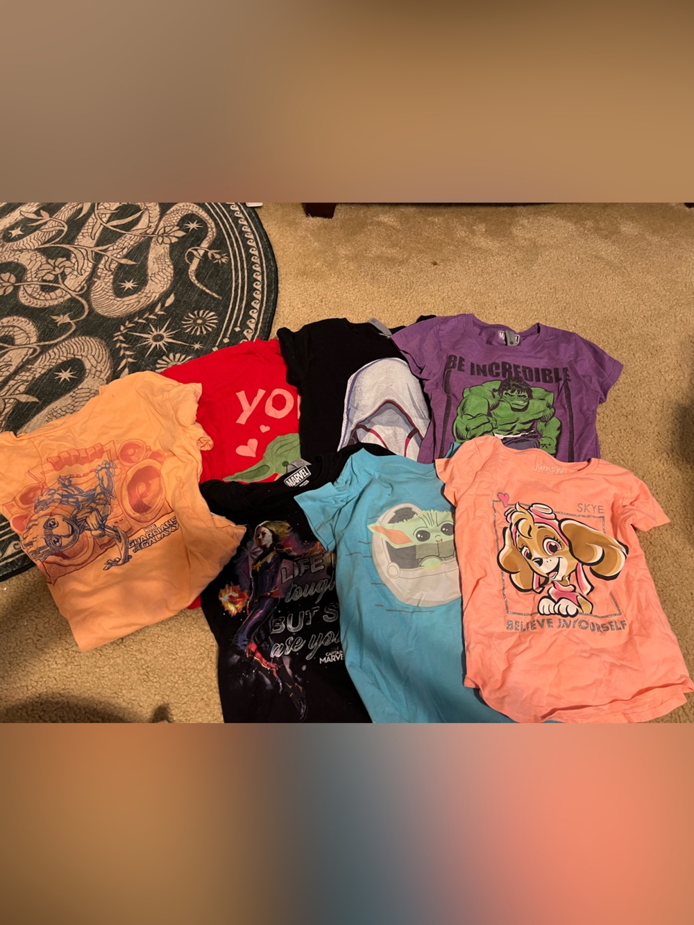 Lot of 7 kids character tshirts- groot, baby yoda, captain marvel, spider Gwen